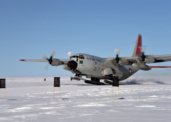 An LC-130 Hercules "Skibird " from the New York Air National Guard's 109th Airlift Wing takes off from Raven Camp near Kangerlussuaq, Greenland
