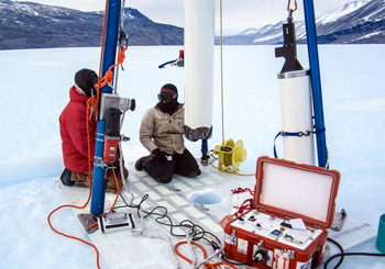 A special drill is used to extract ice cores from Taylor Glacier for a study using microscopic grains of dust to understand past atmospheric and climate conditions on Earth