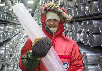 Professor Lisa Bastiaans, Nassau Community College, gets her first exposure to an historic ice core