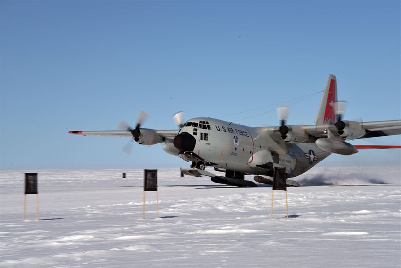 An LC-130 Hercules "Skibird " from the New York Air National Guard's 109th Airlift Wing takes off from Raven Camp near Kangerlussuaq, Greenland