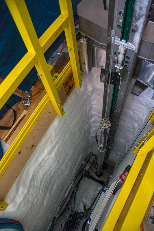 The SPICECORE drill hauls up an ice core from hundreds of feet below the surface