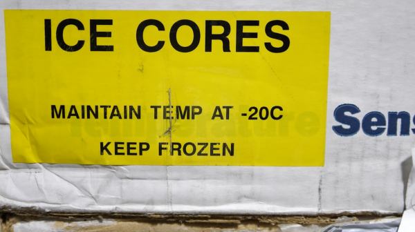 Ice cores sticker on white box