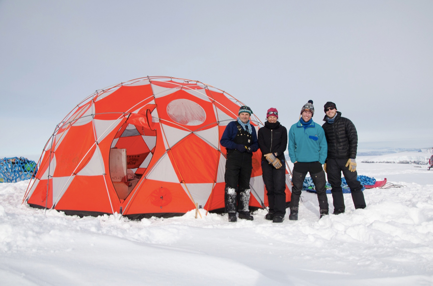 The 2015 field team next to their drilling tent atop an ice cap on Nuussuaq Peninsula