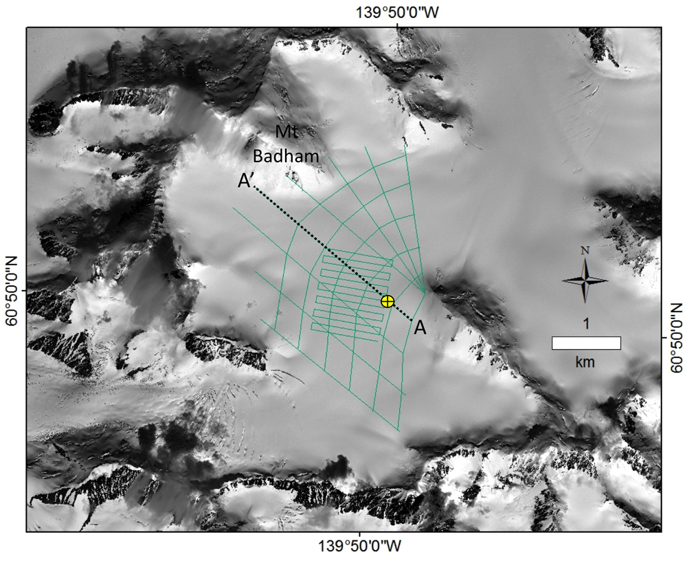 Quickbird satellite image of Eclipse Icefield showing the location of all ice-penetrating radar transects (green lines) collected to measure glacier thickness relative to the ice core site in 2002 and 2016 (yellow bullseye)