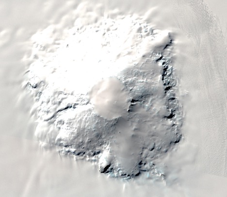 A 15-meter pan-sharpened Landsat 8 image of the Mount Takahe volcano rising more than 2,000 meters (1.2 miles) above the surrounding West Antarctic ice sheet in Marie Byrd Land, West Antarctica
