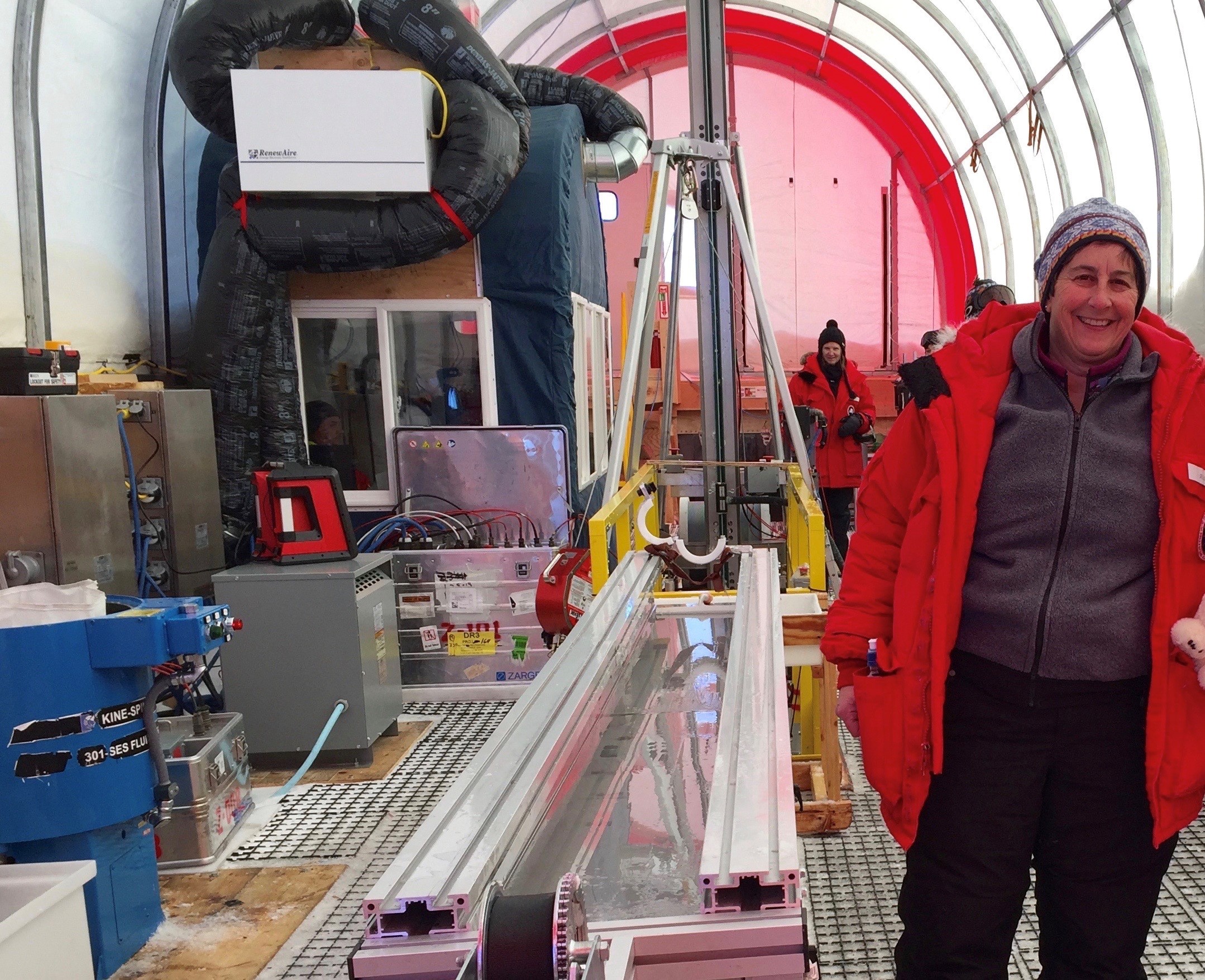 Dr. Julie Palais inside the drilling tent for the South Pole ice core project during the 2015-16 Antarctic field season
