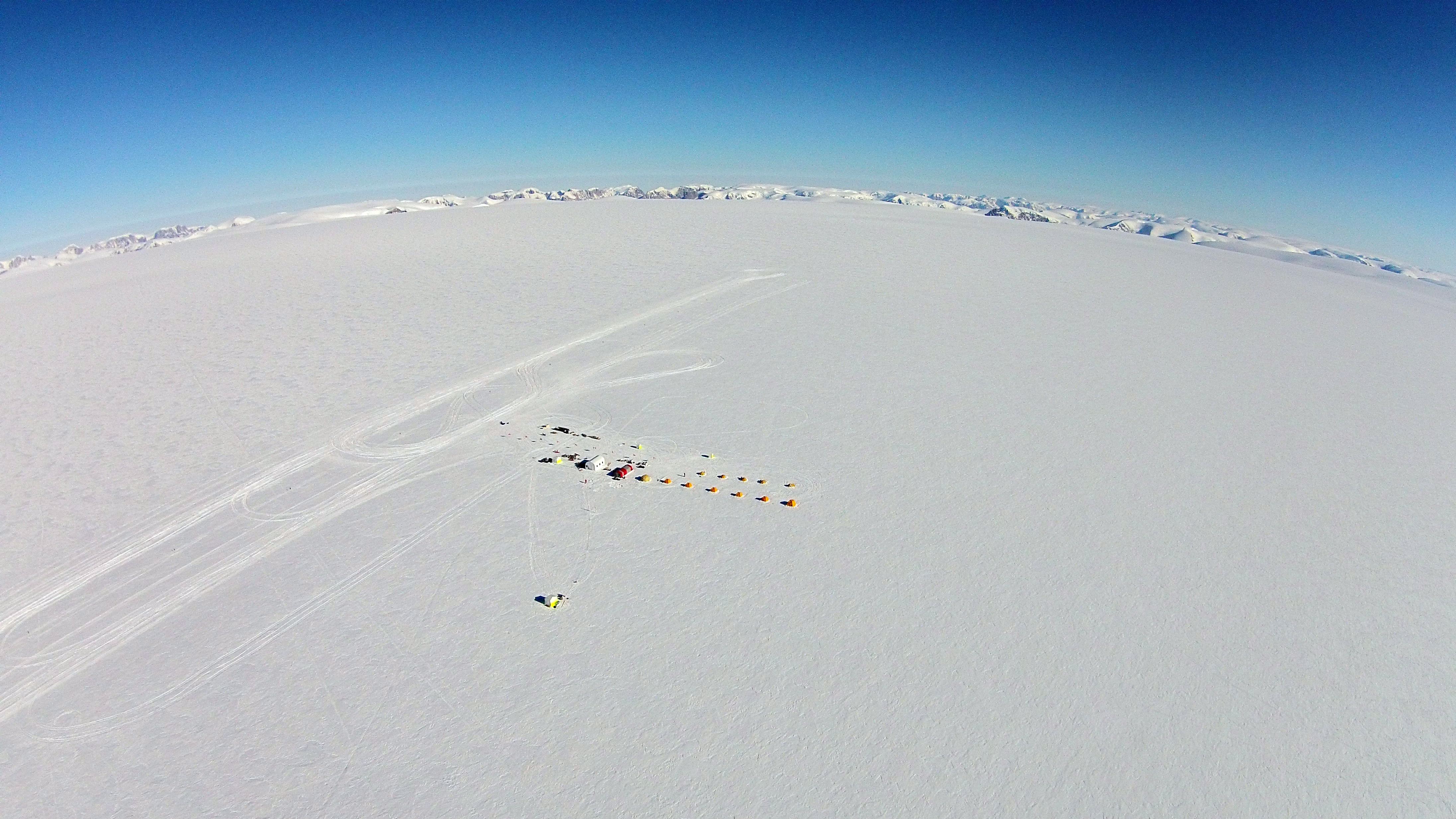 Aerial view of the RECAP field camp located in the center of the Renland ice cap, Greenland