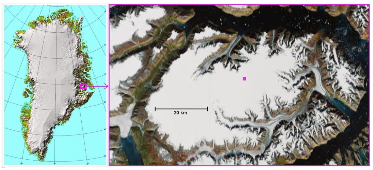 Left, map of Greenland, showing the location of the Renland ice cap. Right, satellite image of the Renland peninsula, which is almost entirely covered by the Renland ice cap