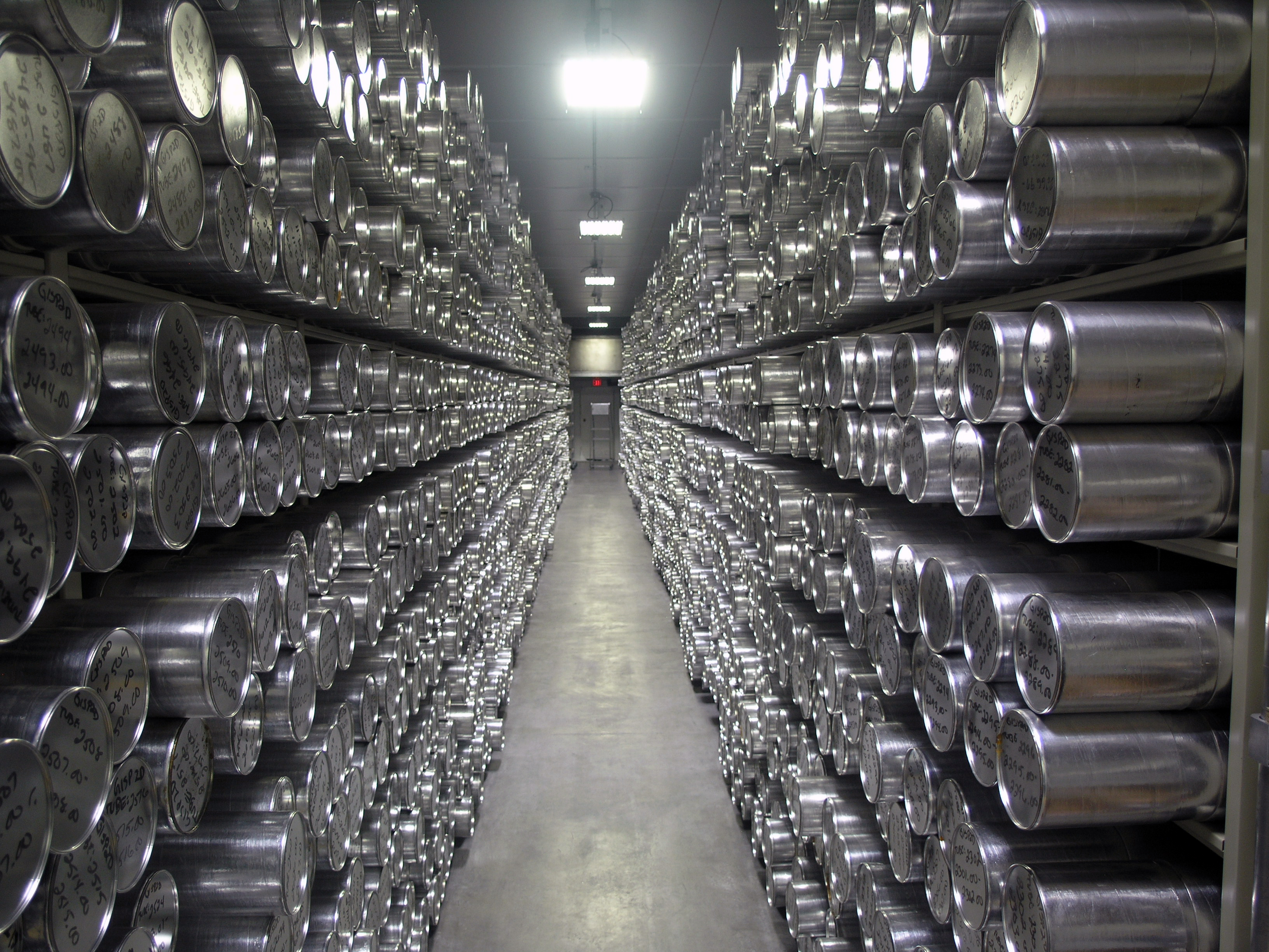 Rows of insulated tubes store ice cores dating back hundreds of thousands of years at the National Ice Core Laboratory's freezer archive