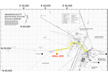 Map of Amundsen-Scott South Pole Station showing approximate location of drill site