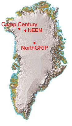 Map of Greenland showing location of the NEEM ice core