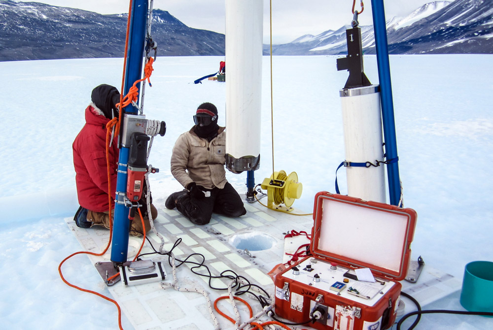A special drill is used to extract ice cores from Taylor Glacier for a study using microscopic grains of dust to understand past atmospheric and climate conditions on Earth