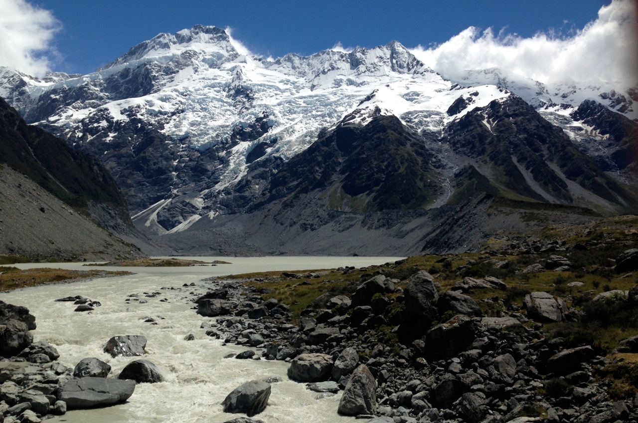 A silty stream flows from Mueller Glacier in the New Zealand Southern Alps