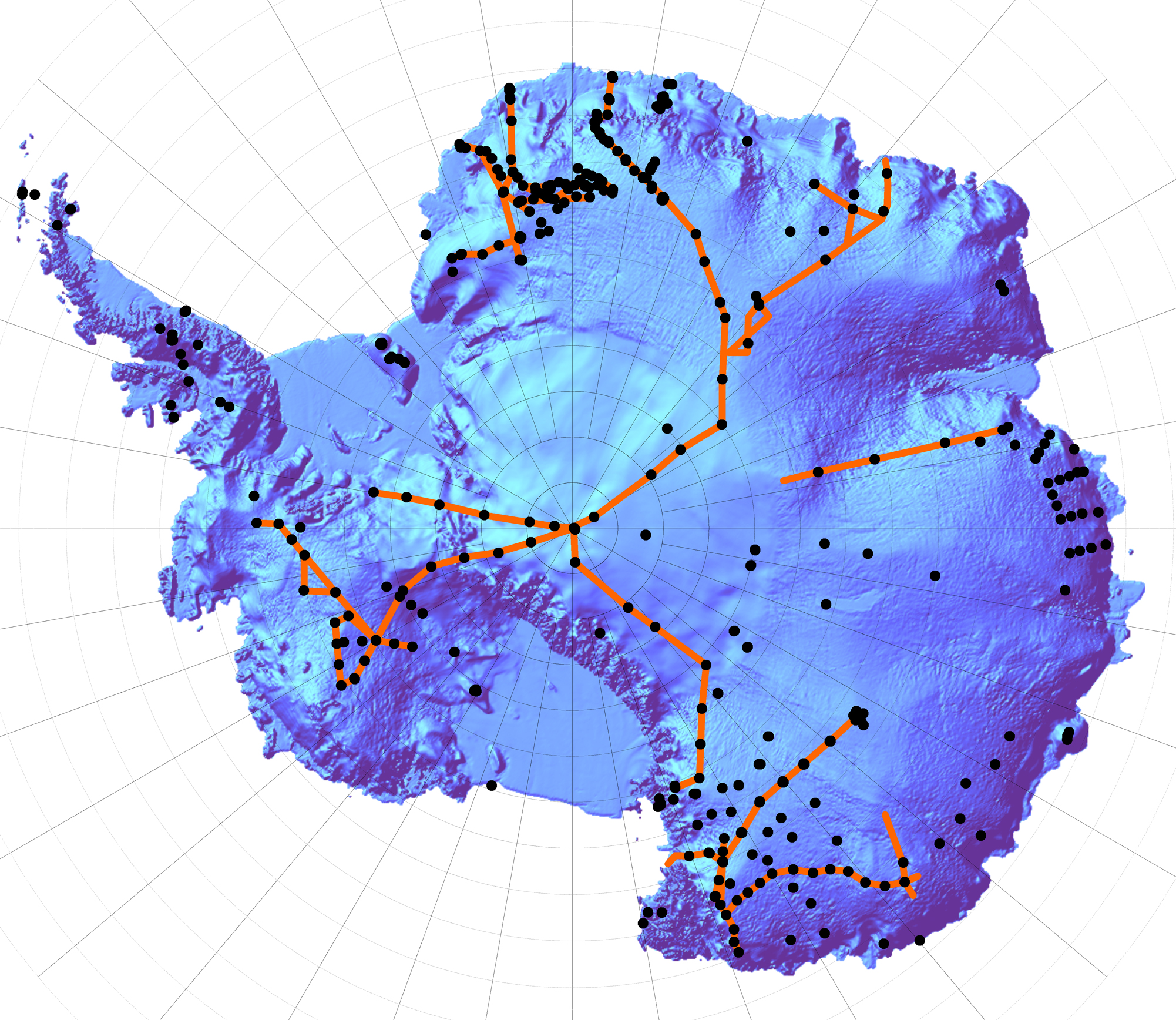 The Ice Reader shaded relief map of Antarctica showing ITASE ice core locations (black dots) and GPR transects (orange lines)