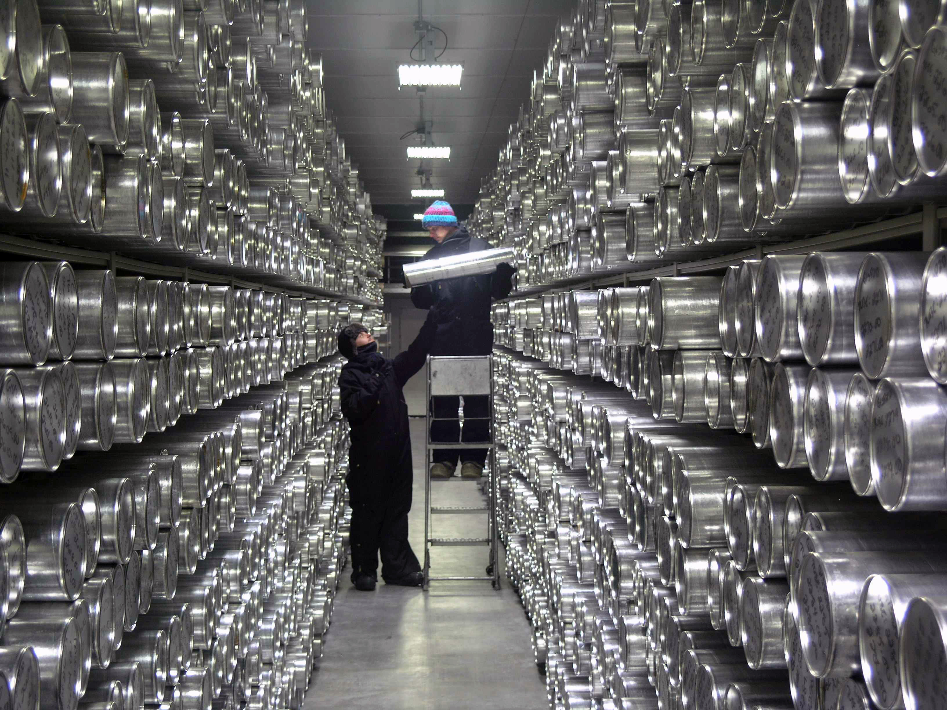 View inside NICL's main archive freezer, which is held at a temperature of -36°C Each silver tube on these shelves contains a 1-meter long section of an ice core