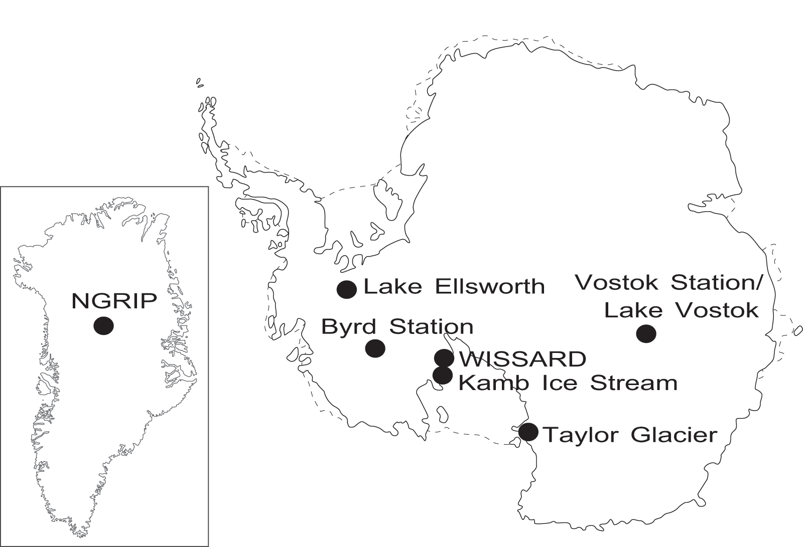 Map of Greenland (inset at left) and Antarctica showing locations mentioned in the text