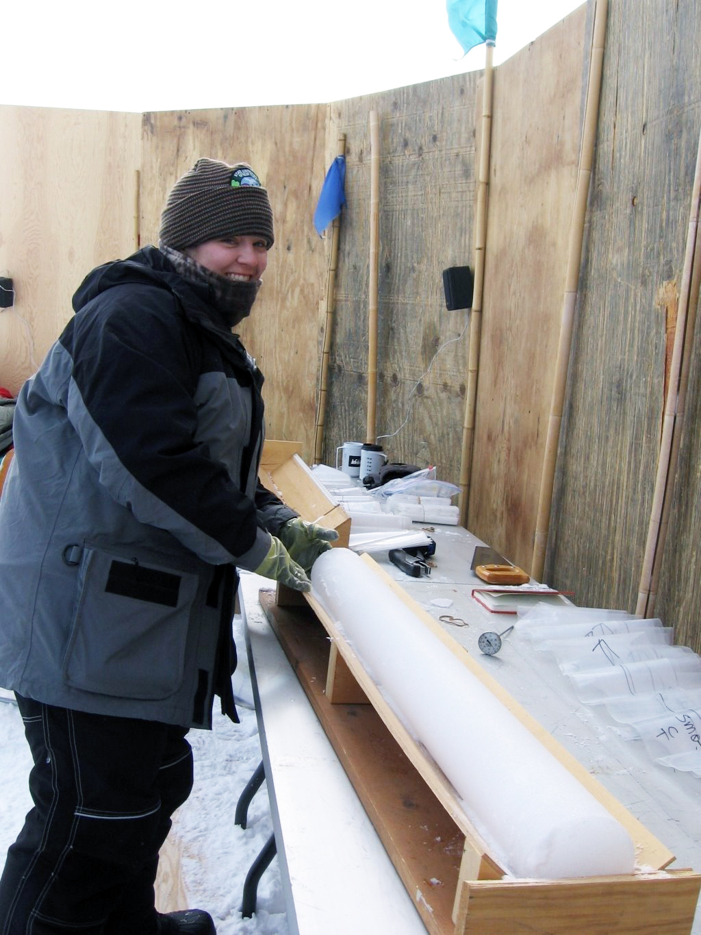 Alyson Lanciki (SDSU) logs a 1-meter long section of ice core