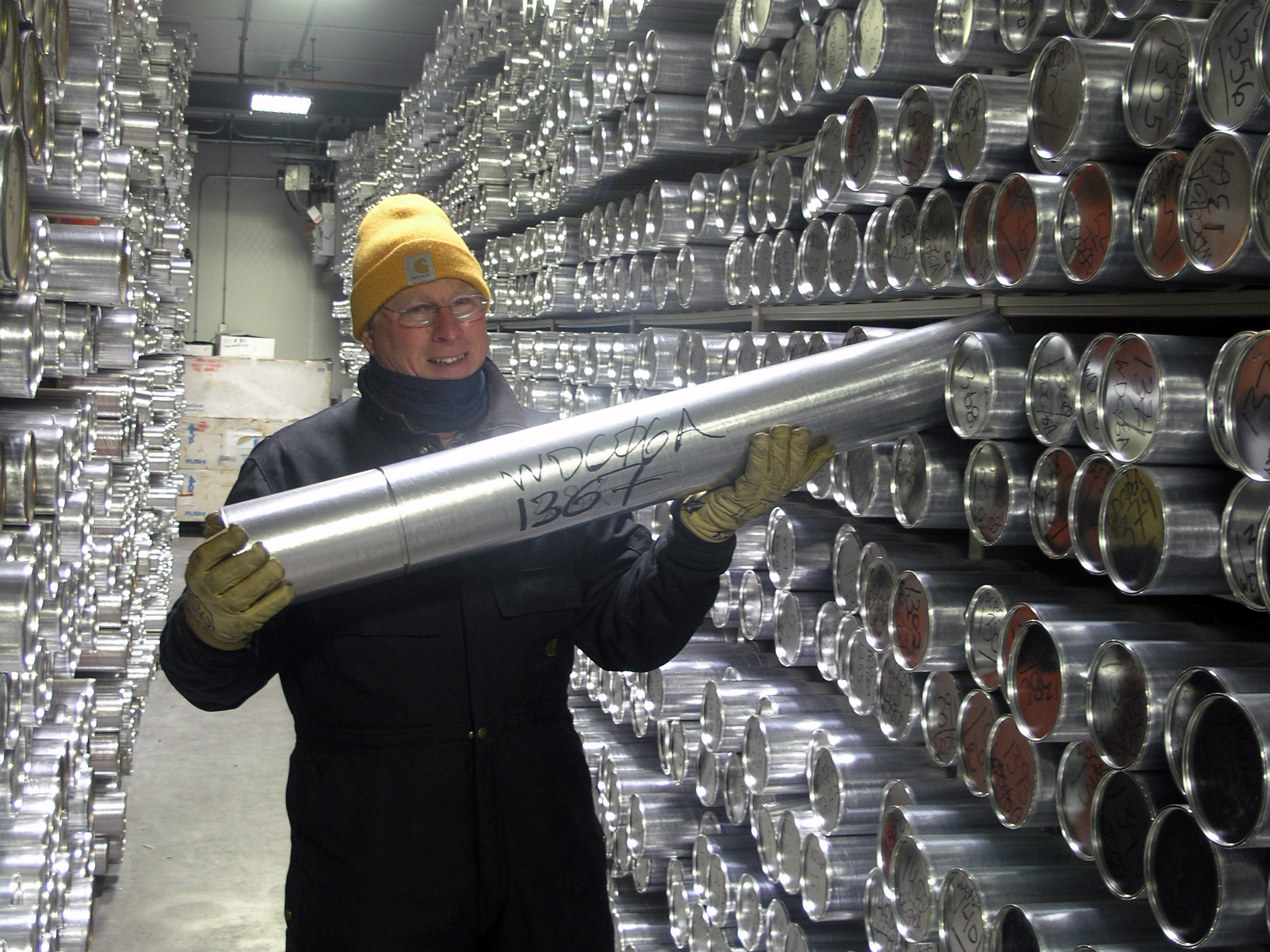 Geoff Hargreaves, Curator, inside the main archive freezer at the NSF Ice Core Facility