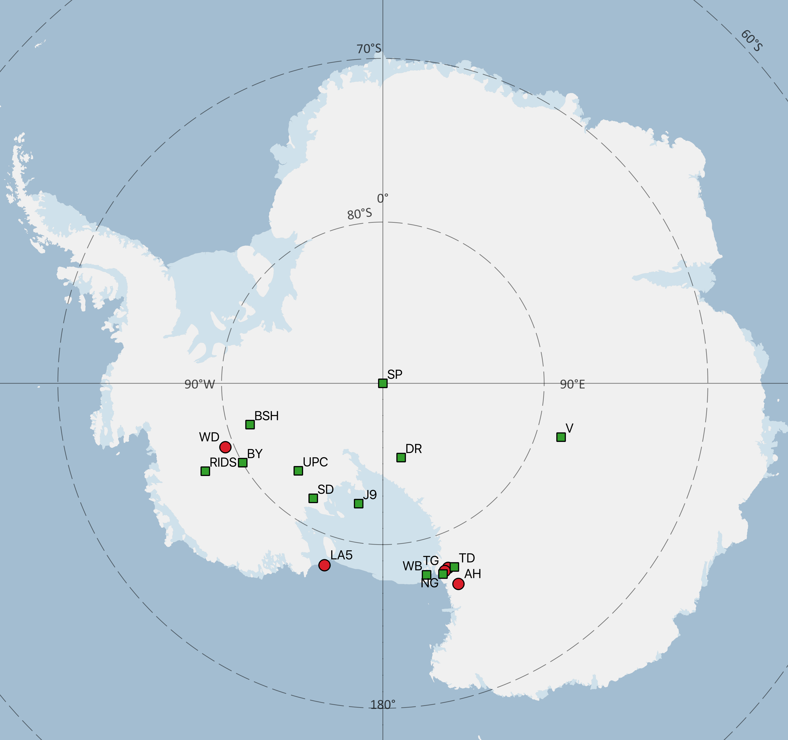 Map of Antarctica showing the location of cores in the NSF-ICF inventory.