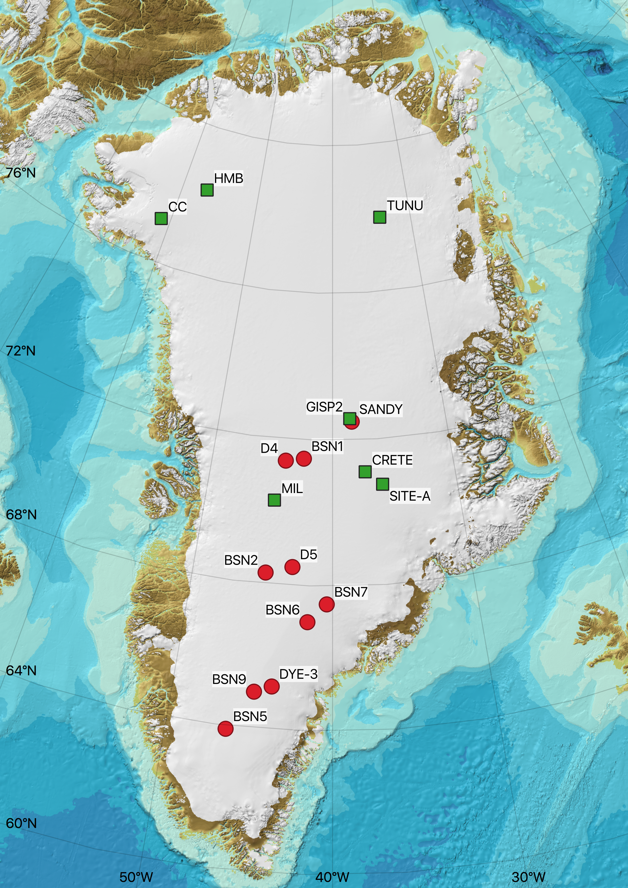 Map of Greenland showing the location of cores in the NSF-ICF inventory